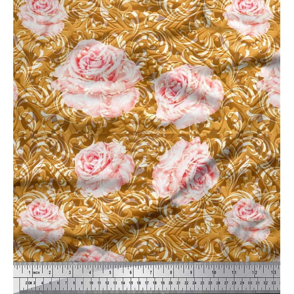 Soimoi Polyester Crepe Fabric Check & Roses Floral Print Sewing Fabric Yard 52 Inch Wide