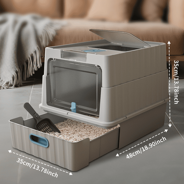imerelez Black Thick Stainless Steel Fully Enclosed Cat Litter Box, Flip-Top 120° Wide Angle, Transparent Top, Odor Control with Carbon, Leak Proof, Large Space for Big Cats, Includes Scoop & Mat