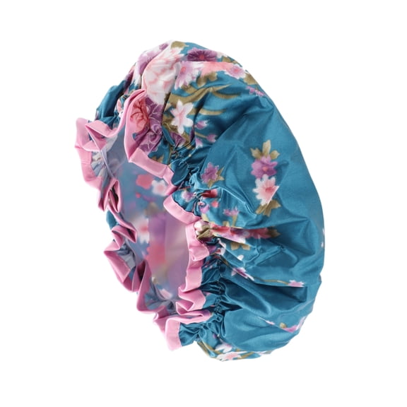 Vocoste Women Double Layer Hibiscus Flowers Shower Cap for Bathroom Vacation Satin PEVA Blue 1 Pc