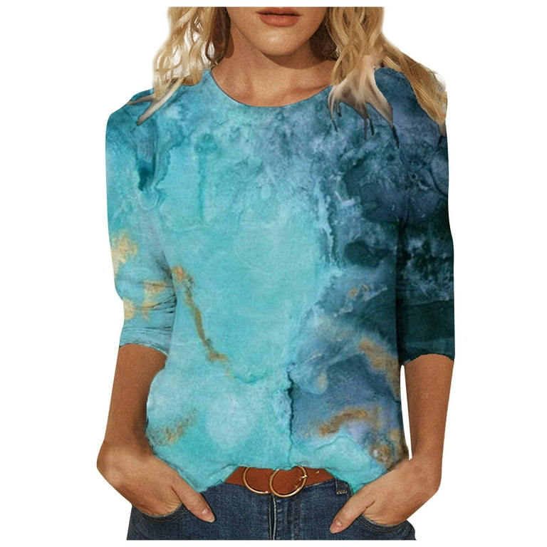 Fashion 3/4 Sleeve T-Shirts for Women Summer Turquoise Print Crewneck  Blouses Ladies Casual Loose Fit Basic Tee Tops at  Women's Clothing  store