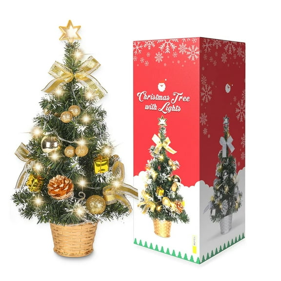 18" Christmas Table Decorations Lighted Mini Tree, DIY Artificial Small Christmas Tree with Pine and Star, Perfect for Desktop Table Home Kitchen Dinning Hall Holiday