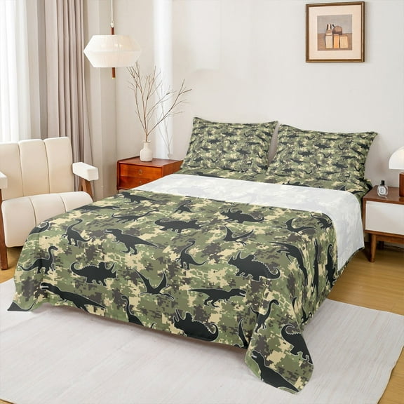 Manfei Dinosaur Print Twin Sheet Sets, Camouflage Bed Sheets Twin, Theme Bedding Sets Twin Size, Super Cozy Room Decorative, 3 Pieces