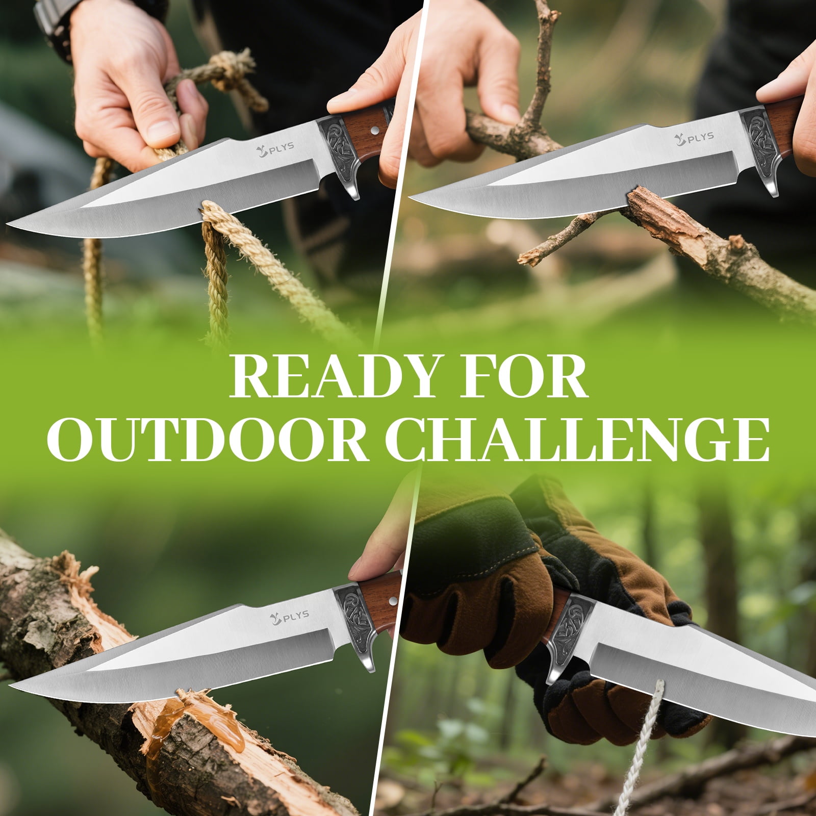 Plys Fixed Blade Hunting Knife, 6.6 inch Full Tang Outdoor Tactical Survival Knife with Nylon Sheath, Wooden Handle, Camping Hunting Essentials Gear