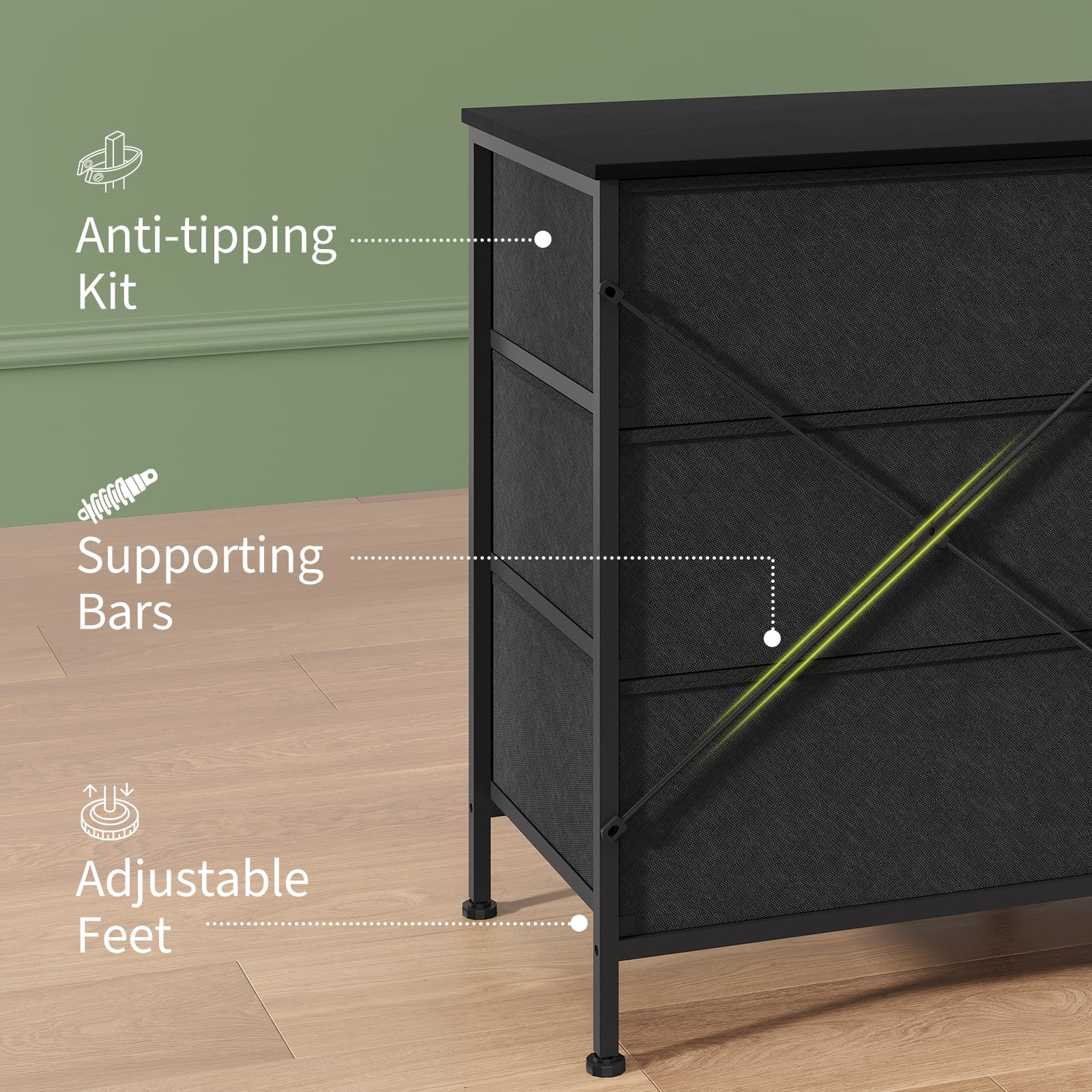 PYY 8-Drawer Black Fabric Dresser TV Stand for Bedroom, Living Room, Home Office - 63" Wide Storage Chest with Wooden Top, Metal Frame, Entertainment Center Fits 65-75" TVs - Black