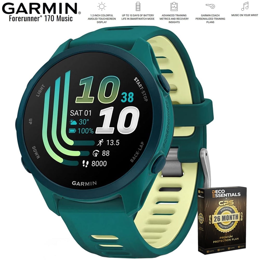 Garmin Forerunner 170 Music Teal Green/Citron 010-03920-12 Bundle with Deco Essentials Exclusive 26 Month CPS Enhanced Protection Pack