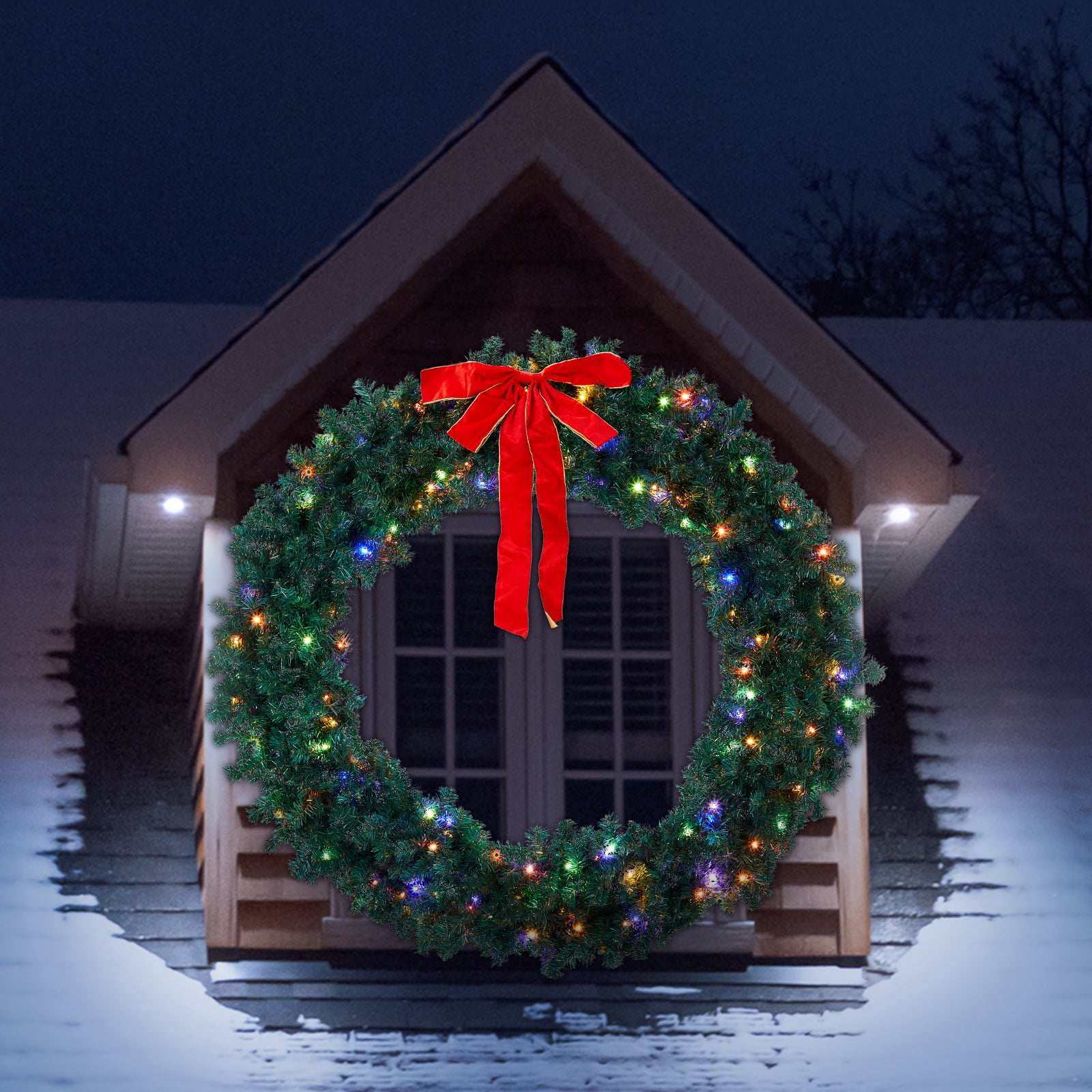 60in Pre-lit Christmas Wreath, Lighted Artificial Xmas Wreath with 220 Warm & Multi-color Lights and 600 PVC Tips, Remote Control Stepless Dimming, for Front Door Gate Wall Xmas Party Decorations