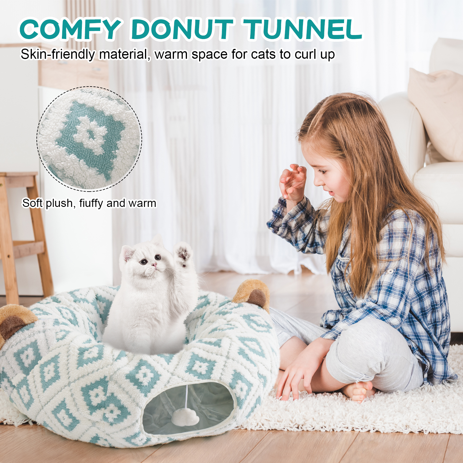 Cat Tunnel Bed with Soft Cushion, Cat Donut Tunnels for Indoor Cats, Peekaboo Cat Cave Toy, Multifunctional Playground Toys for Kittens, Rabbit, Blue Jacquard Pattern