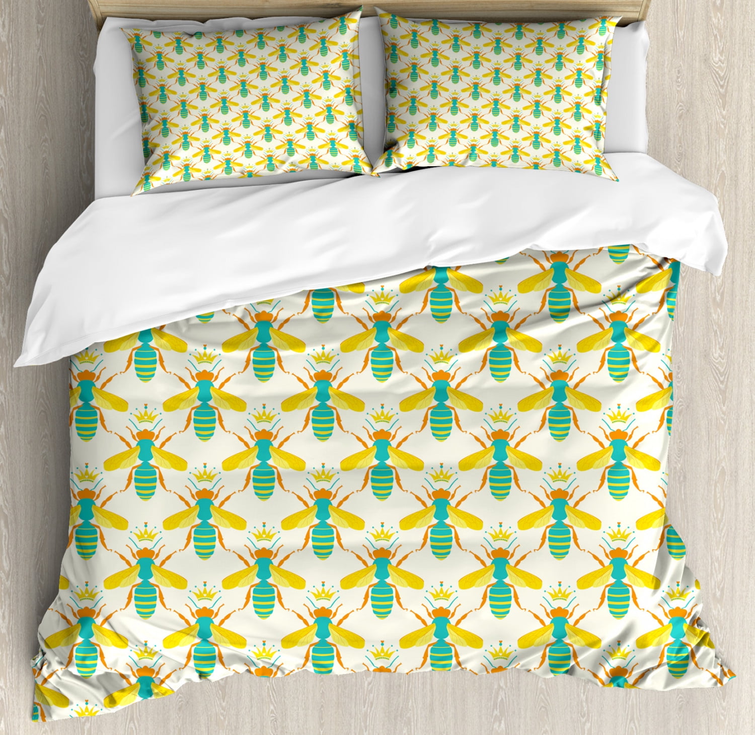 Bee Queen Size Duvet Cover Set, Queen Bee of the Hive Wearing Crowns