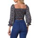 thumbnail image 3 of TOP CORTO FLORAL CON GOMAS INSPIRADO CHIC PARA MUJERES, CUELLO CUADRADO, CON CORDÓN EN LA PARTE FRONTAL Y MANGAS ABULLONADAS, BLUSA DE VERANO NEGRA TAMAÑO XS, 3 of 6