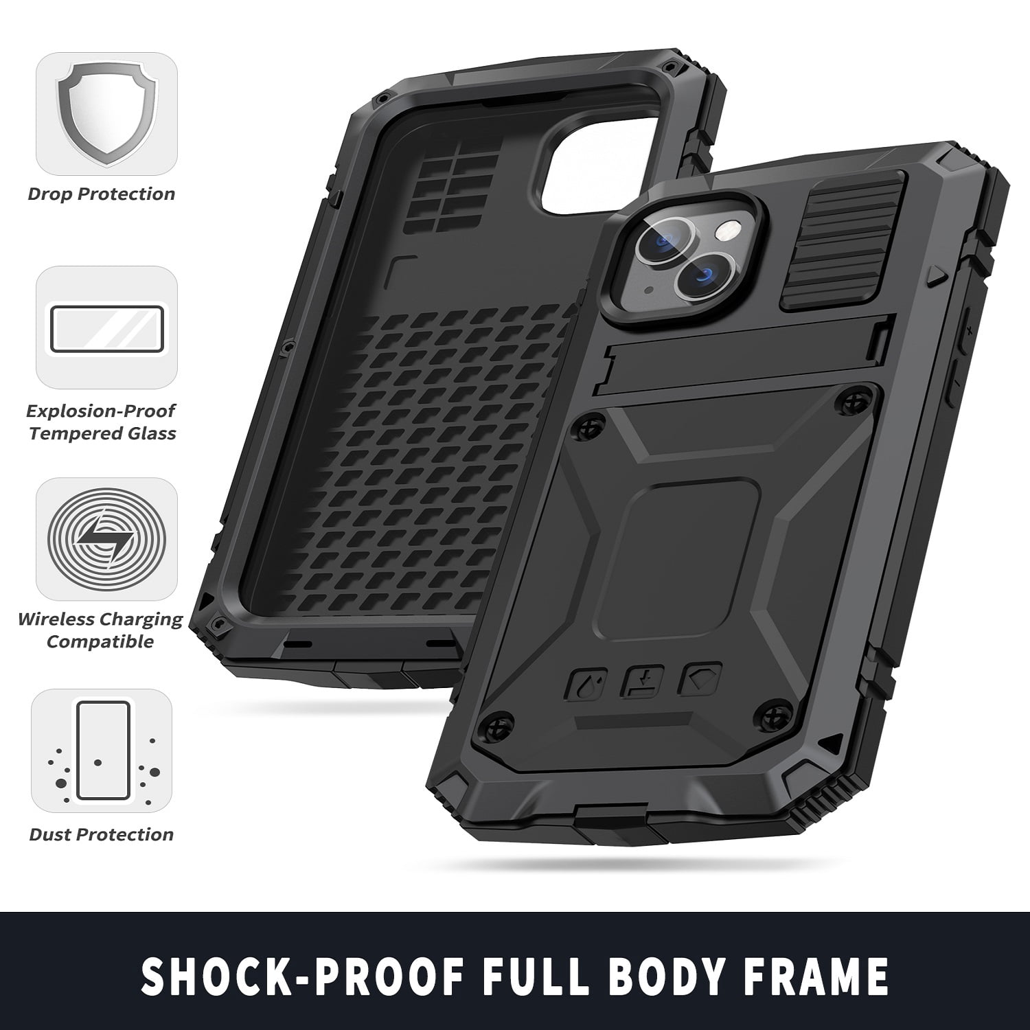 ELEHOLD for iPhone 14 6.1 Inch 2022 Case, Heavy Duty Armor Built-in Explosion-Proof Tempered Glass Screen Protector Wireless Charging Hang Rope Hidden Kickstand Shockproof Rugged Case,Black