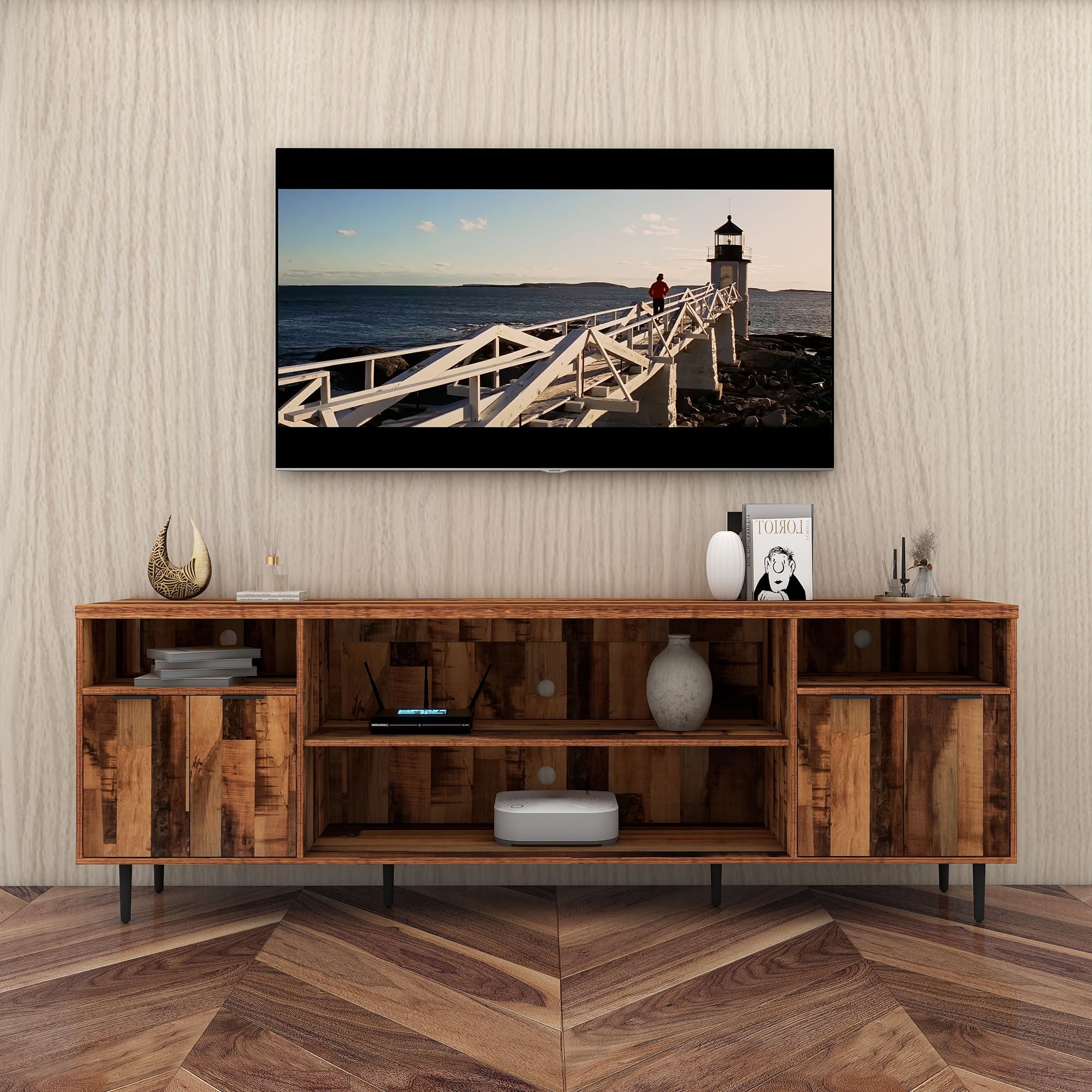 HIUU 85 inches TV Stand for Living Room,Dark Brown Television Stands