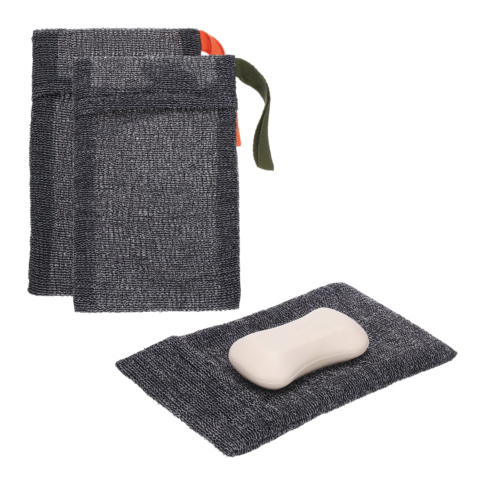 Uxcell Loofah Soap Pouch, 2 Pcs Bar Soap Saver Bag with Orange/Dark Green Handle Nylon Body Scrubber Pouch Exfoliating Net for Body Shower Foaming Travel Camping, Grey