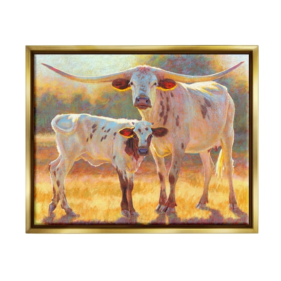 Longhorn & Calf Standing Farm Field Animals & Insects Painting Metallic Gold Framed Art Print Wall Art