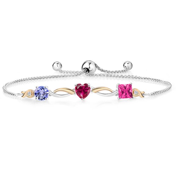 Gem Stone King 925 Silver and 10K Yellow Gold Blue Tanzanite Red Created Ruby Pink Mystic Topaz and Lab Grown Diamond Tennis Bracelet for Women By Keren Hanan (2.22 cttw, Adjustable up To 9 inch)