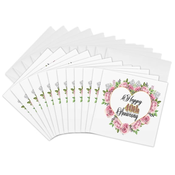 3drose, Happy 40th Anniversary Pretty Pink Rose Heart, 12 Greeting Cards with Envelopes