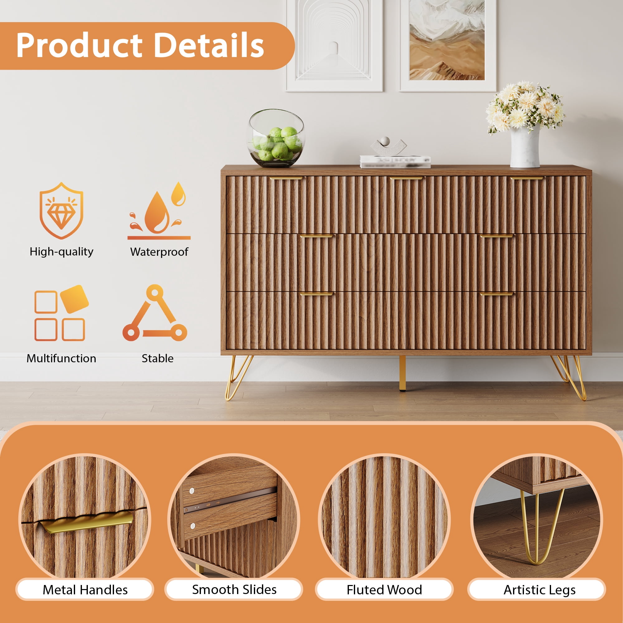 YouTrend 7 Drawer Dresser with Fluted Wood and Metal Handles Legs for Bedroom Living Room Hallway