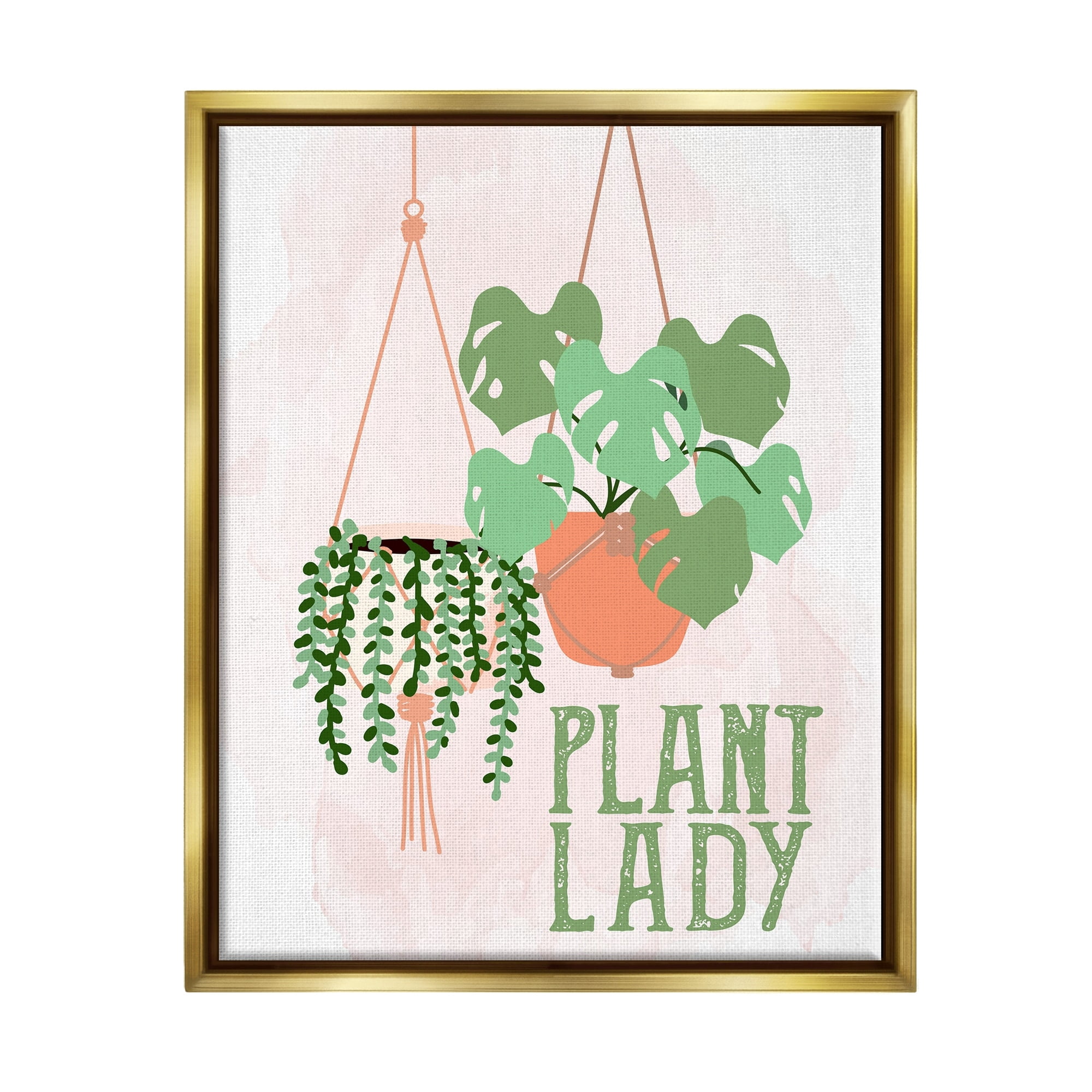 Stupell Industries Casual Plant Lady Hanging Green Potted Vegetation Graphic Art Metallic Gold Floating Framed Canvas Print Wall Art, Design by Kim Allen
