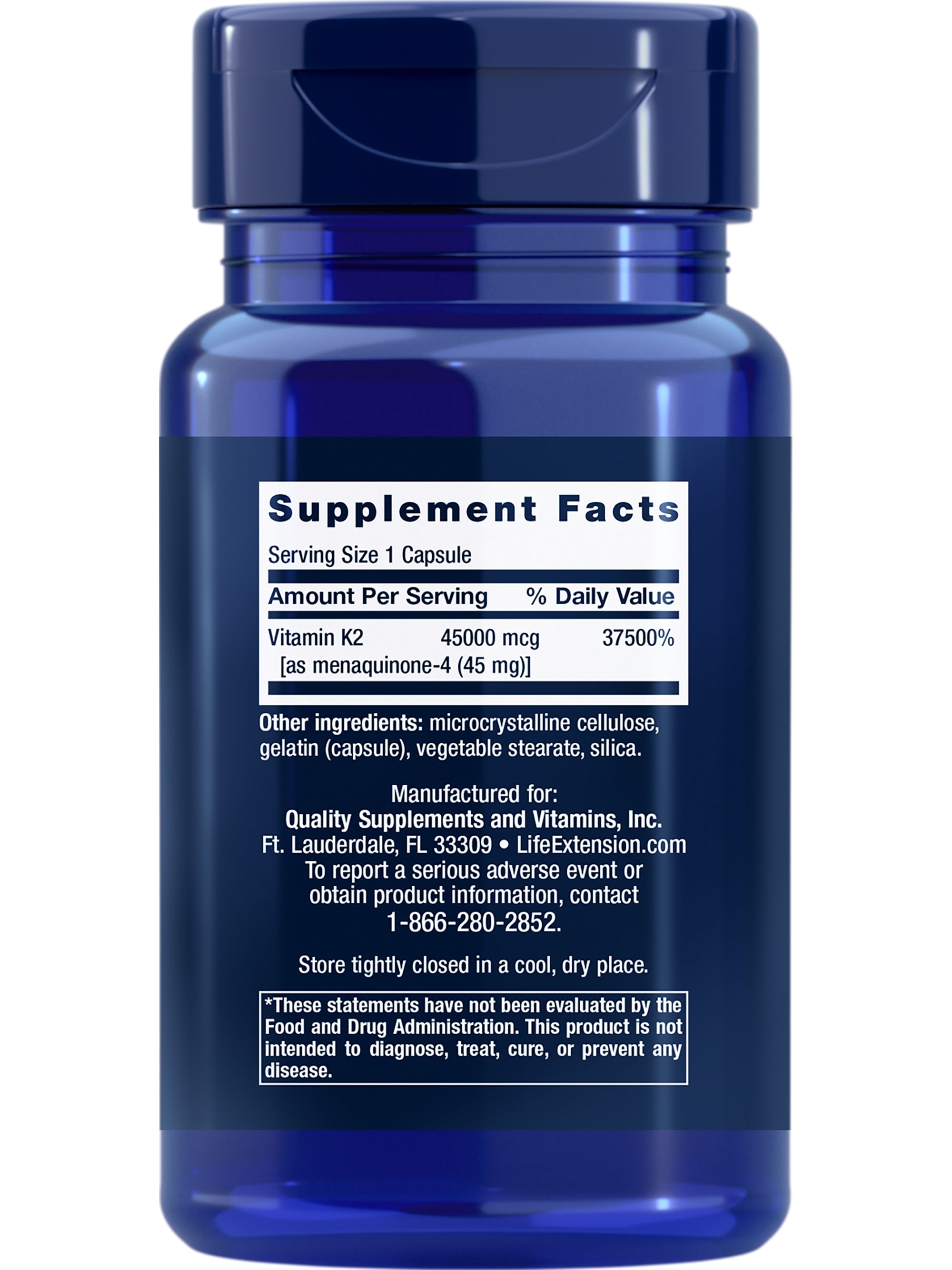 Life Extension Mega Vitamin K2 High Potency for Strong Bones, clinically studied 45 mg K2 dosage, promotes healthy bone density, gluten-free, non-GMO, 30 capsules