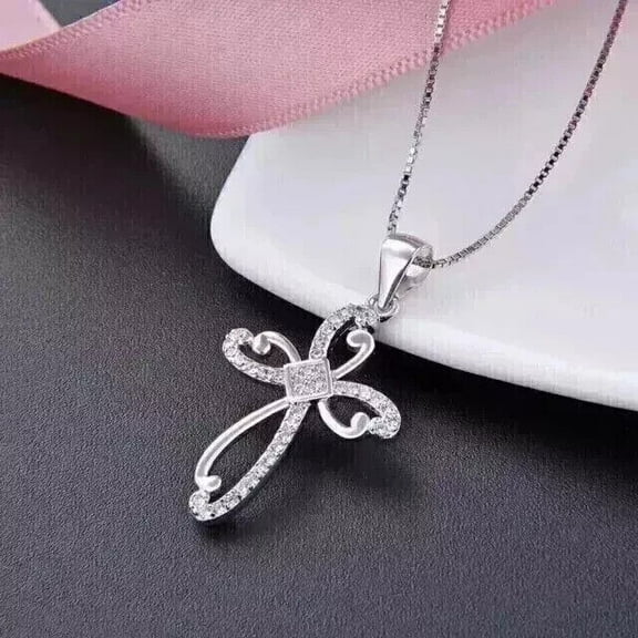 Women's Cross Pendant 14k White Gold Plated 1.30Ct Round Cut Lab Created Diamond
