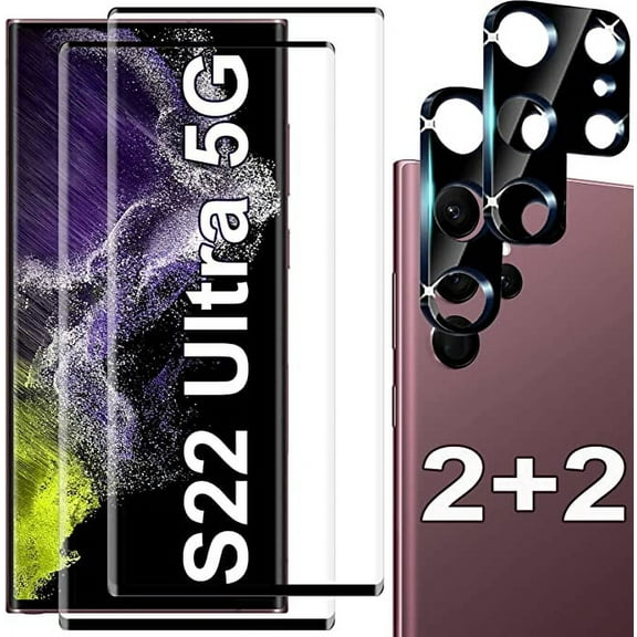 [2 2 Pack] Tempered Glass Screen Protector for Samsung Galaxy S22 Ultra 5G, Tempered Glass, Fingerprint Compatible, HD Clear, Case Friendly With Camera Lens Protector for Galaxy S22 Ultra 5G