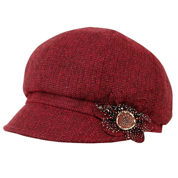 Women Retro Classic Visor Newsboy Cabbie Cap Beret Hats with Flower Buckle for Ladies Red