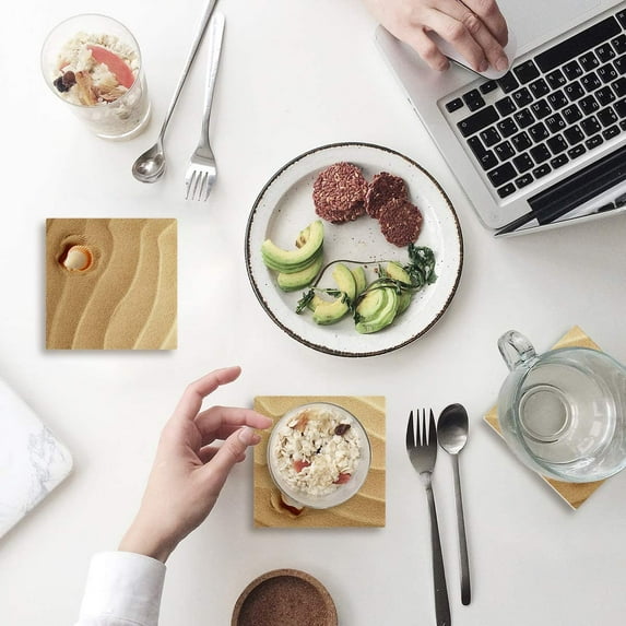 FMSHPON Little Seashell on Golden Yellow Sand Spiritual Sea Coastal Theme Beach Art Print Set of 8 Coaster Drinks, Absorbent Ceramic Stone Coasters Cup Mat Cork Base Coffee Table Bar Decor