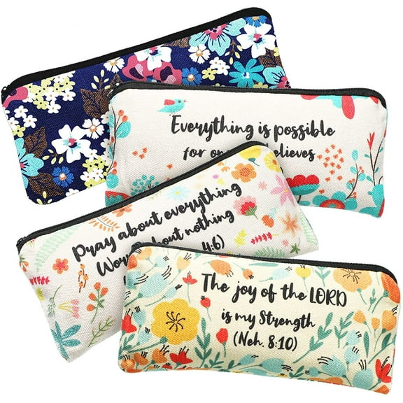 4 Pieces Inspirational Bible Verse Pencil Pouch Christian Pencil Case Scripture Makeup Bags Canvas Cosmetic Bags for Students Office Journaling Supplies (Bible Verse Pattern,7.8 x 3.8 Inch)