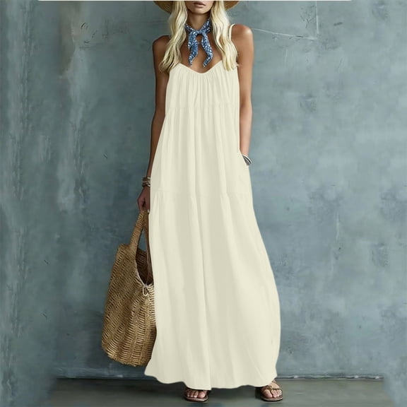 ClodeEU Women's V Neck Spaghetti Strap Tiered Maxi Dress,Boho Beach Vacation Swing Dress Beige,Women's Plus L