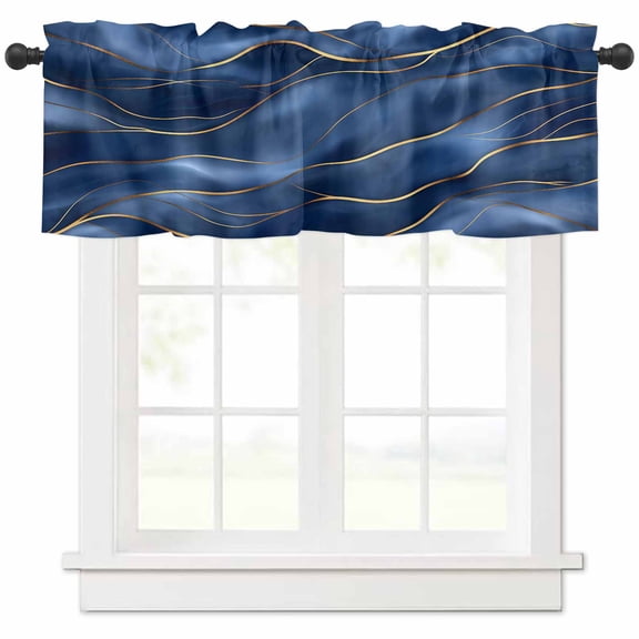 Hokiten Rod Pocket Curtain Valance, Navy Blue Marble Farmhouse Window Valance for Living Room, Bedroom, Kitchen Abstract Modern Golden Geometric 60"W x 18"L