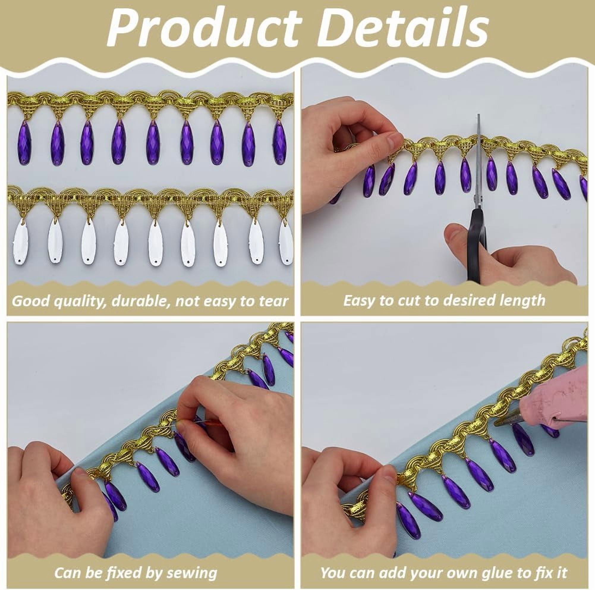 10 Yard Hanging Beads Fringe Lace 1.7 inch Wide Polyester Sewing Fringe Tassel Trim Gold Trim with Blue Purple Pendant for Sewing Cafts Wedding Party Decoration diy