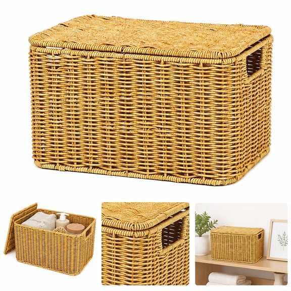 Lidded Wicker Storage Basket, Rectangular Woven Organizer Bin with Side Handles for Bathroom, Nursery, Closet, Shelf, Natural
