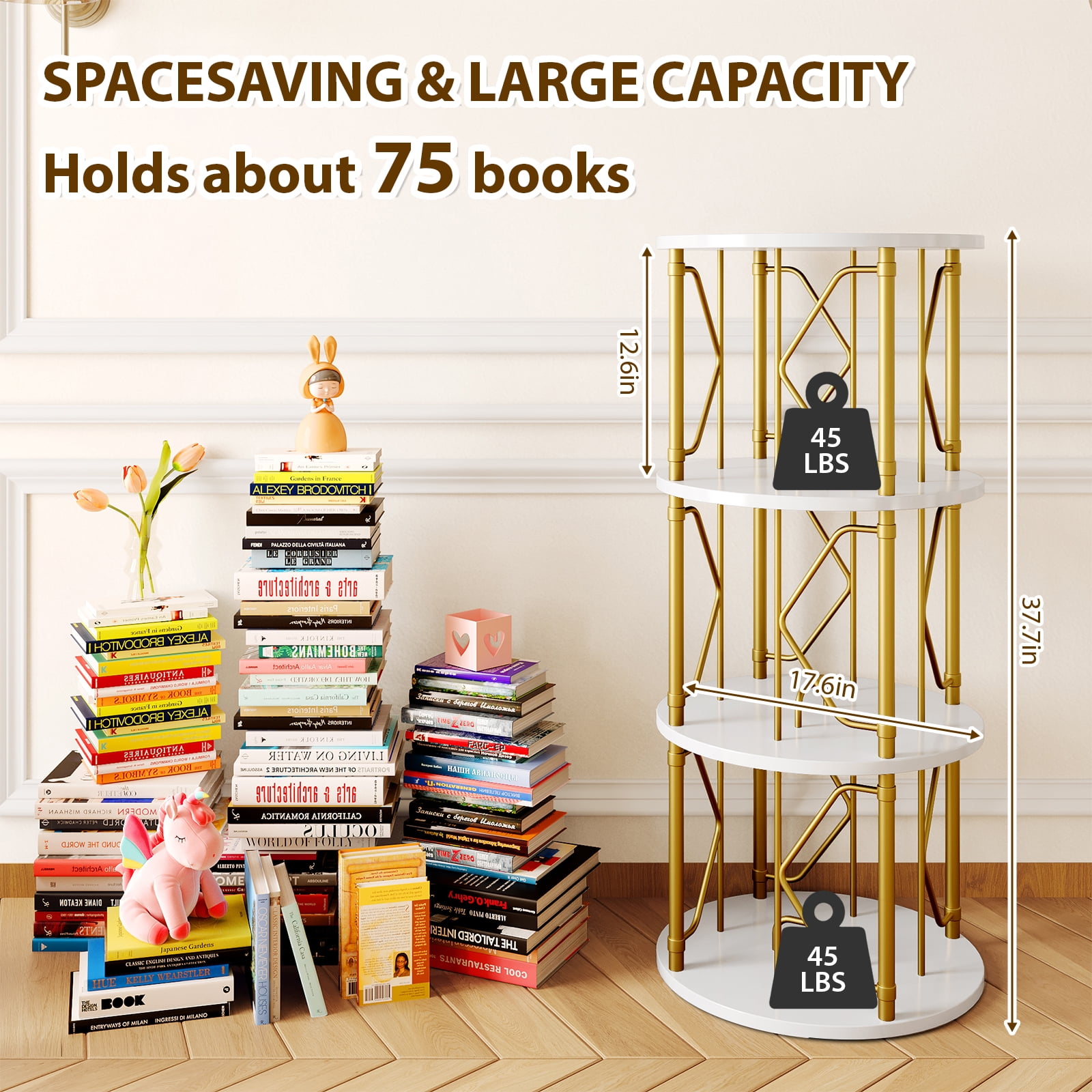 LLappuil 3 Tier Rotating Bookshelf, 360° Display Swivel Bookcase, Corner Bookshelf for for Bedroom, Living Room White