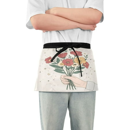 

Yayeee Waist Apron with Pockets for Cooking Waterproof Half Server Aprons Beige Cute Flower