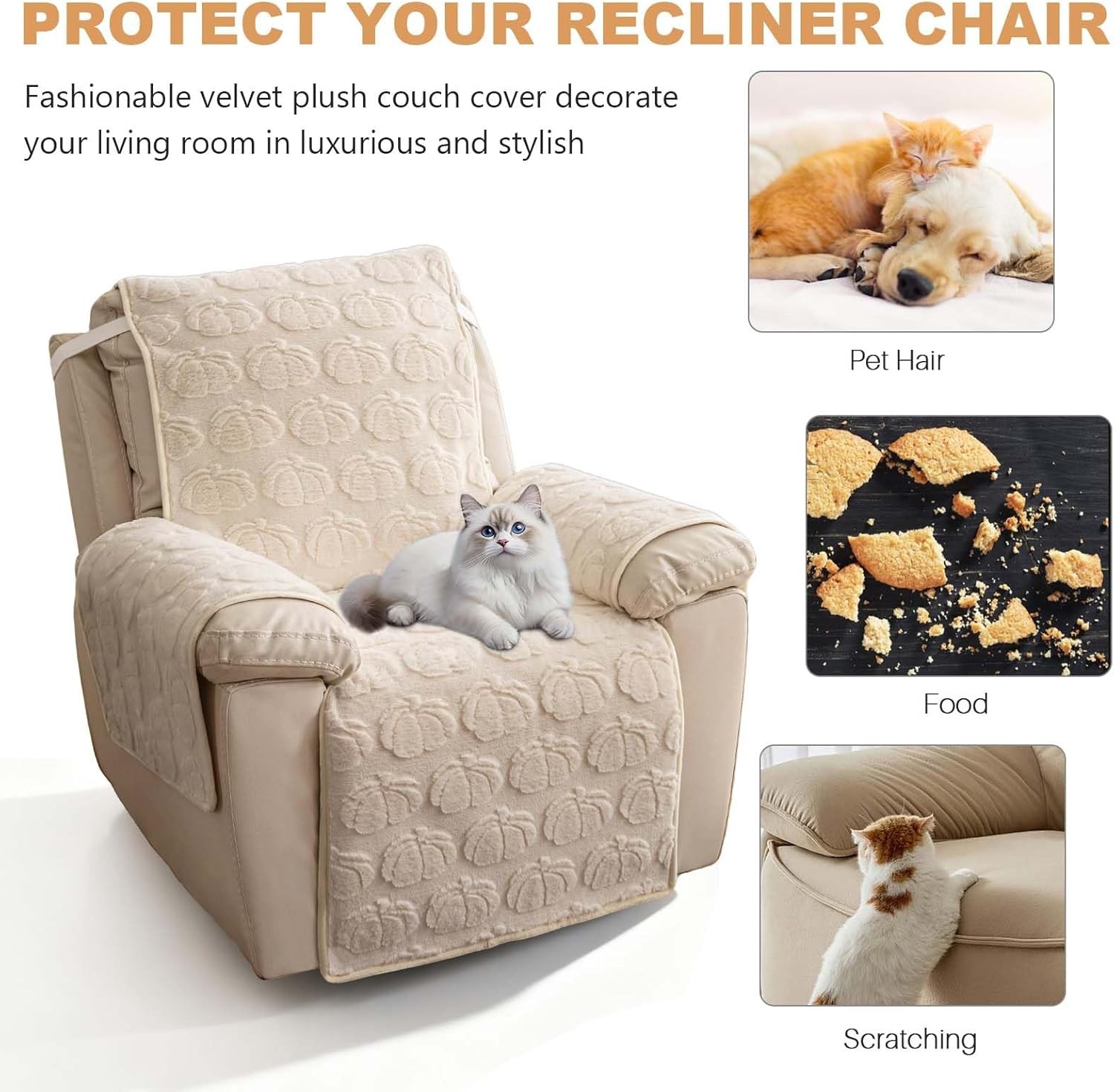 TOPCHANCES Plush Recliner Chair Cover, Faux Rabbit Fur 1-Seater Sofa Cover, Washable Armchair Protector with Adjustable Elastic Belt for 23 Inches Recliner (Off-white)