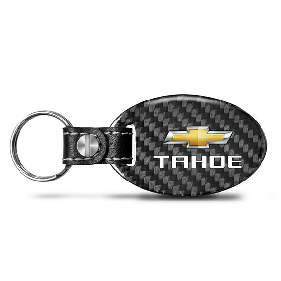 iPick Image for Chevrolet Tahoe Black Real Carbon Fiber Oval Shape with Black Leather Strap Key Chain, Official Licensed
