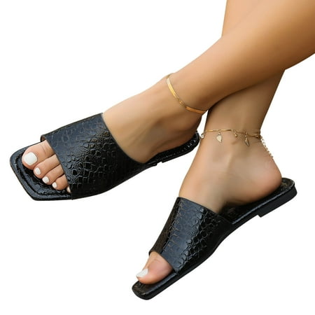 

Jacenvly 2024 New Flat Bottomed Slippers One Line Casual Beach Snake Patterned Sandals Black Sandals for Women Clearance