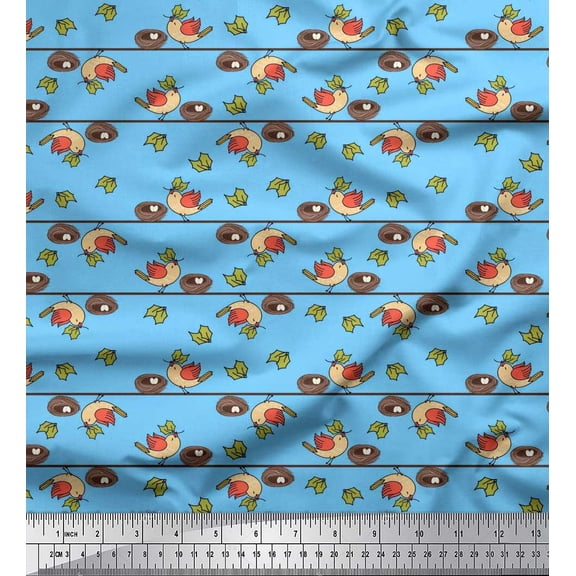 Soimoi Silk Fabric Leaves,Nest & Bird Clip Art Print Fabric by the Yard 42 Inch Wide