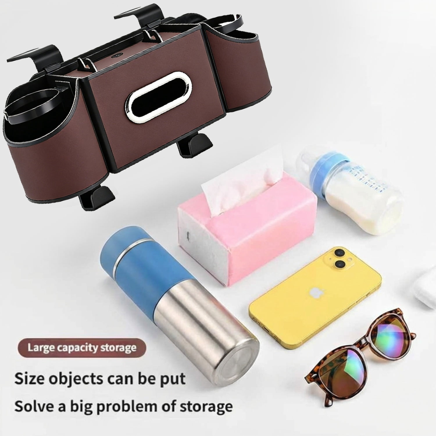 4-in-1 Back Seat Car Organizer with Multi-Pocket Storage & Cup Holders, Universal Fit Backseat Organizer for Travel & Daily Use, BROWN