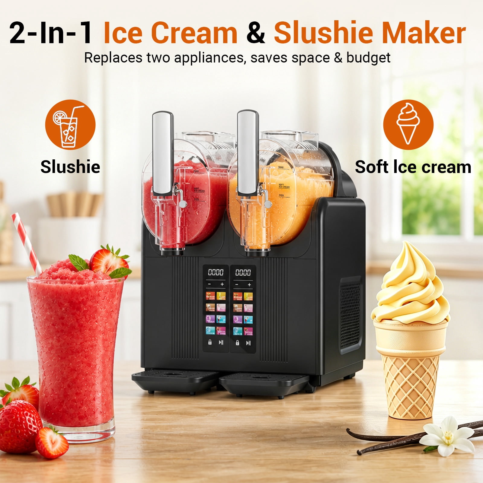 68oz*2 Slushie Machine, Large Capacity Frozen Drink Maker & Slushy Machine with 5 Presets and LED Display, Perfect for Frozen Margaritas, Frappes, Smoothies & Shakes, Black