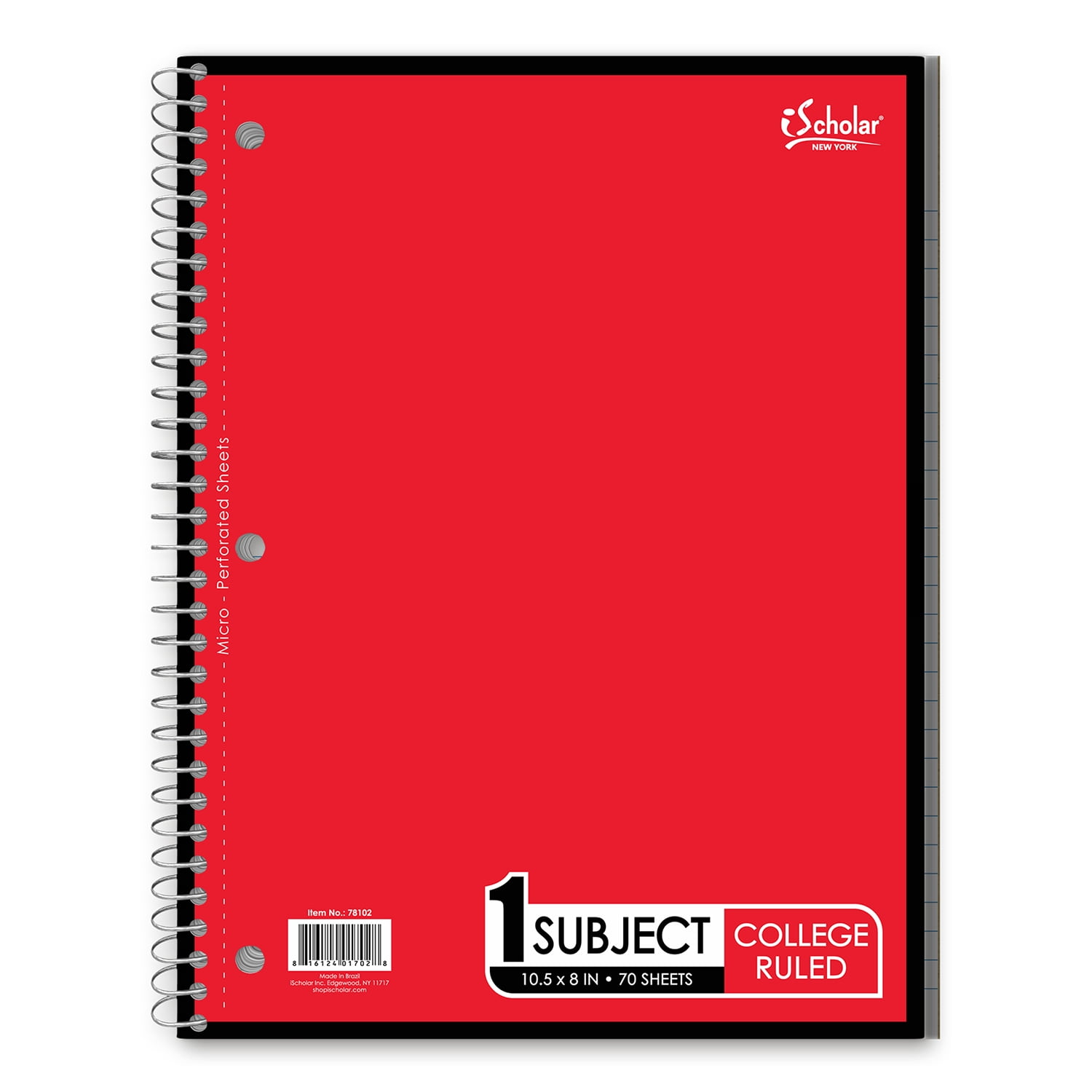 iScholar 1 Subject Notebook, 10.5' x 8', College Rule, 70 Sheets, Red (78102-RE)