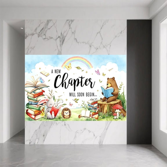 A New Chapter Will Soon Begin Backdrop Bright Green Forest Woodland Storybook Newborn Banner Animal Theme Baby Shower Party Photography Background
