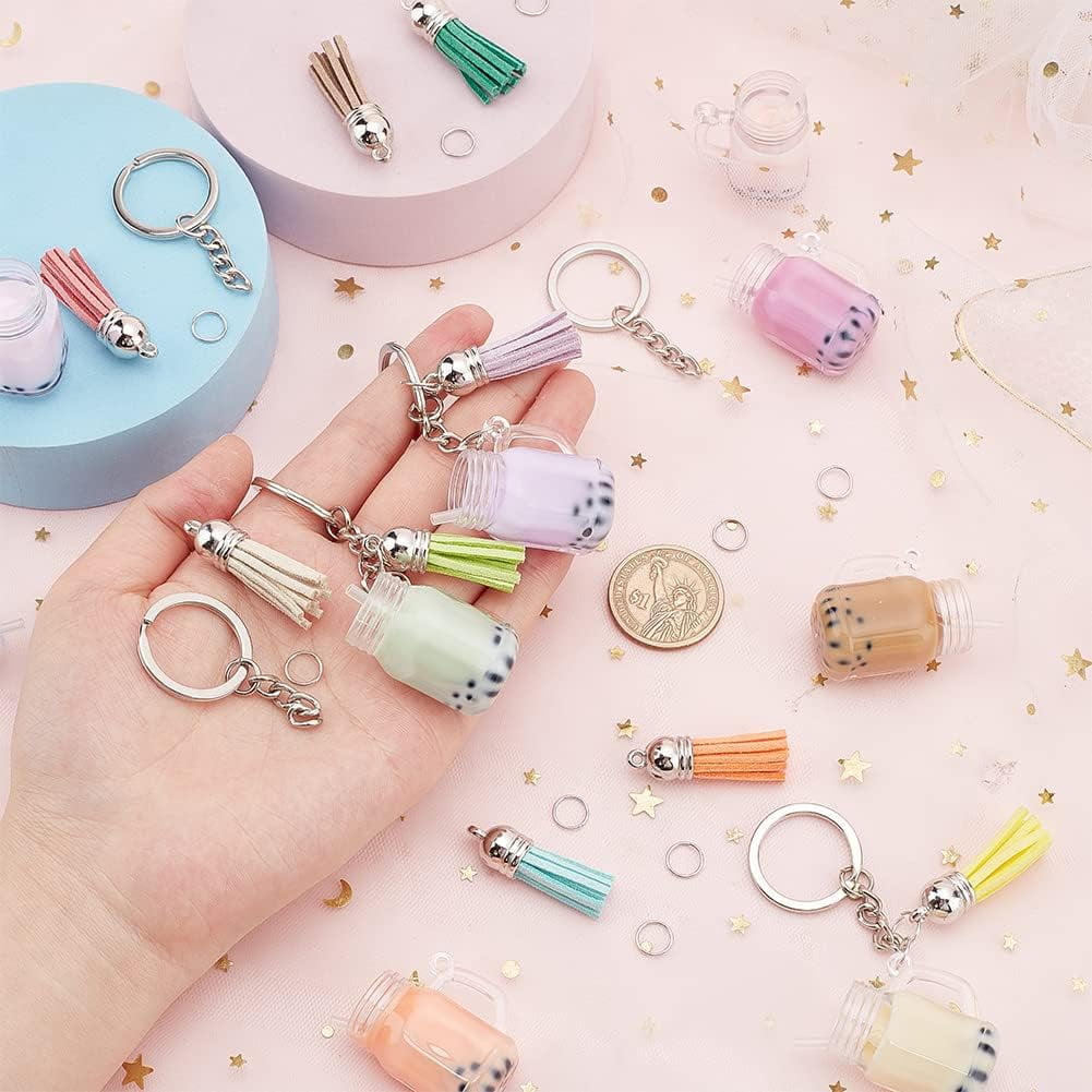  SUNNYCLUE 118Pcs Mini Cup Keychain Making Kit Including Faux  Suede Tassel Charms Milk Tea Cup Pendants Round Beads keyrings & Jump Rings  Jewellery findings for DIY Keychain Decor Making Crafting 
