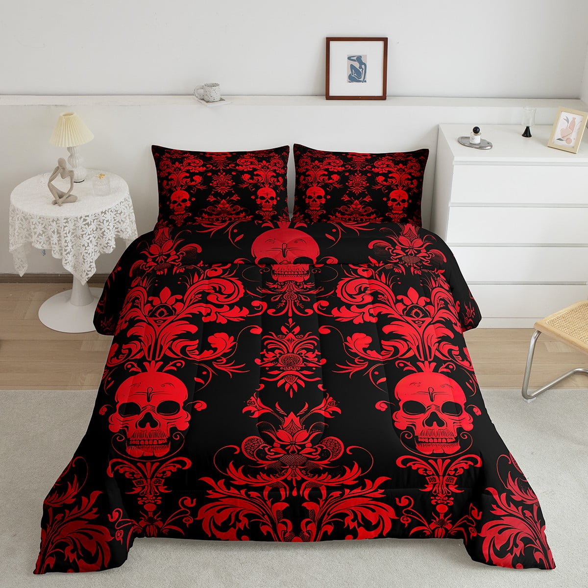 Adults Red Damask Bedding Set Antique Victorian Baroque Comforter Set Full Size,Gothic Vintage Floral Quilt Exotic Sugar Skull Duvet Insert,Gothic Bone Skeleton Bohemian Decor,Black