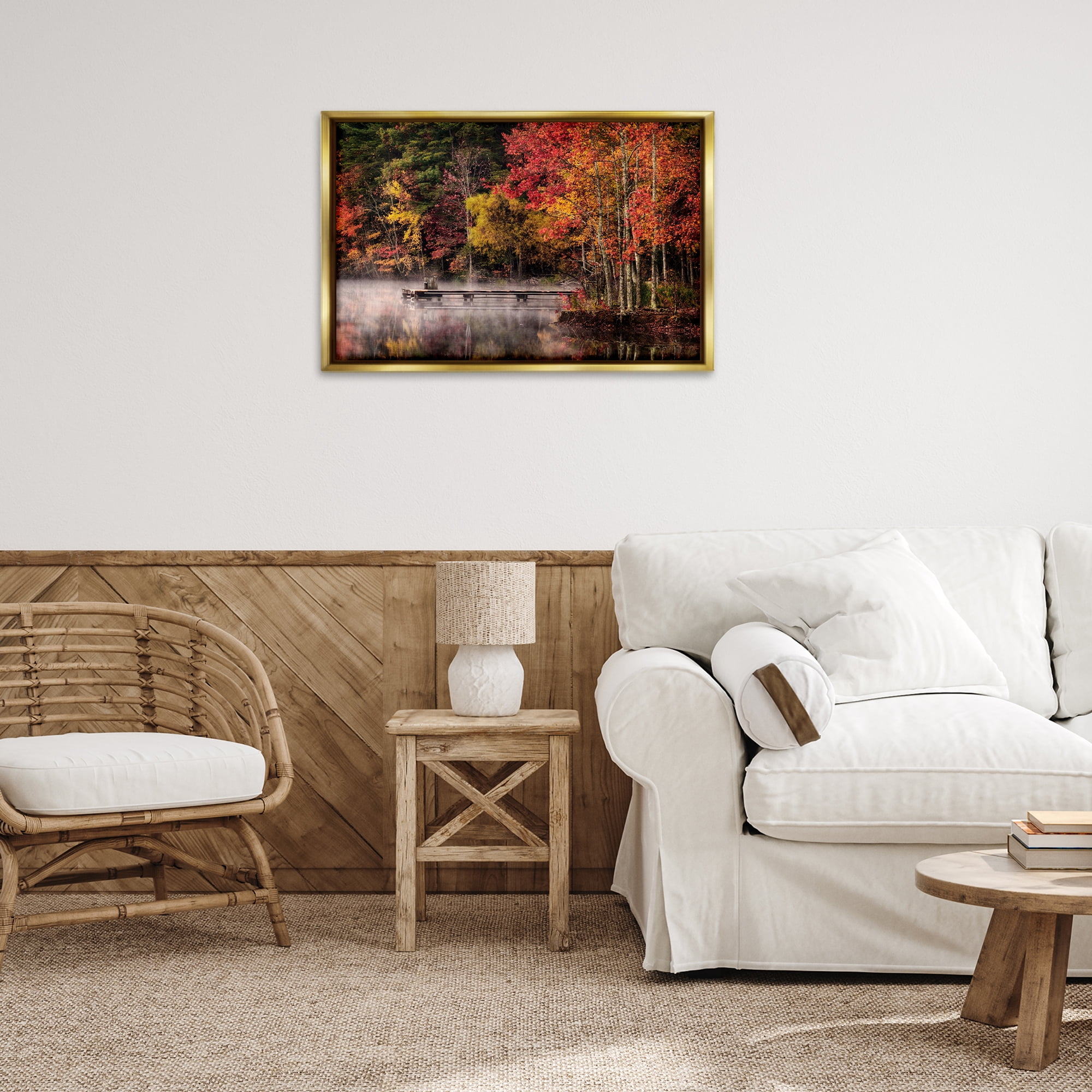 Stupell Industries Autumn Dock Landscape Landscape & Nature Photography Gold Floater Framed Canvas Art Print Wall Art, 31 x 21