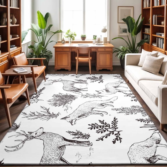 Area Rugs 3'x5', Vintage Elk Fox Carpet Runner Indoor Outdoor Rugs Home Decor Aesthetic, Rustic Black White Simple Drawn Grass Non Slip Mats Washable Accent Rug for Living Room Bedroom