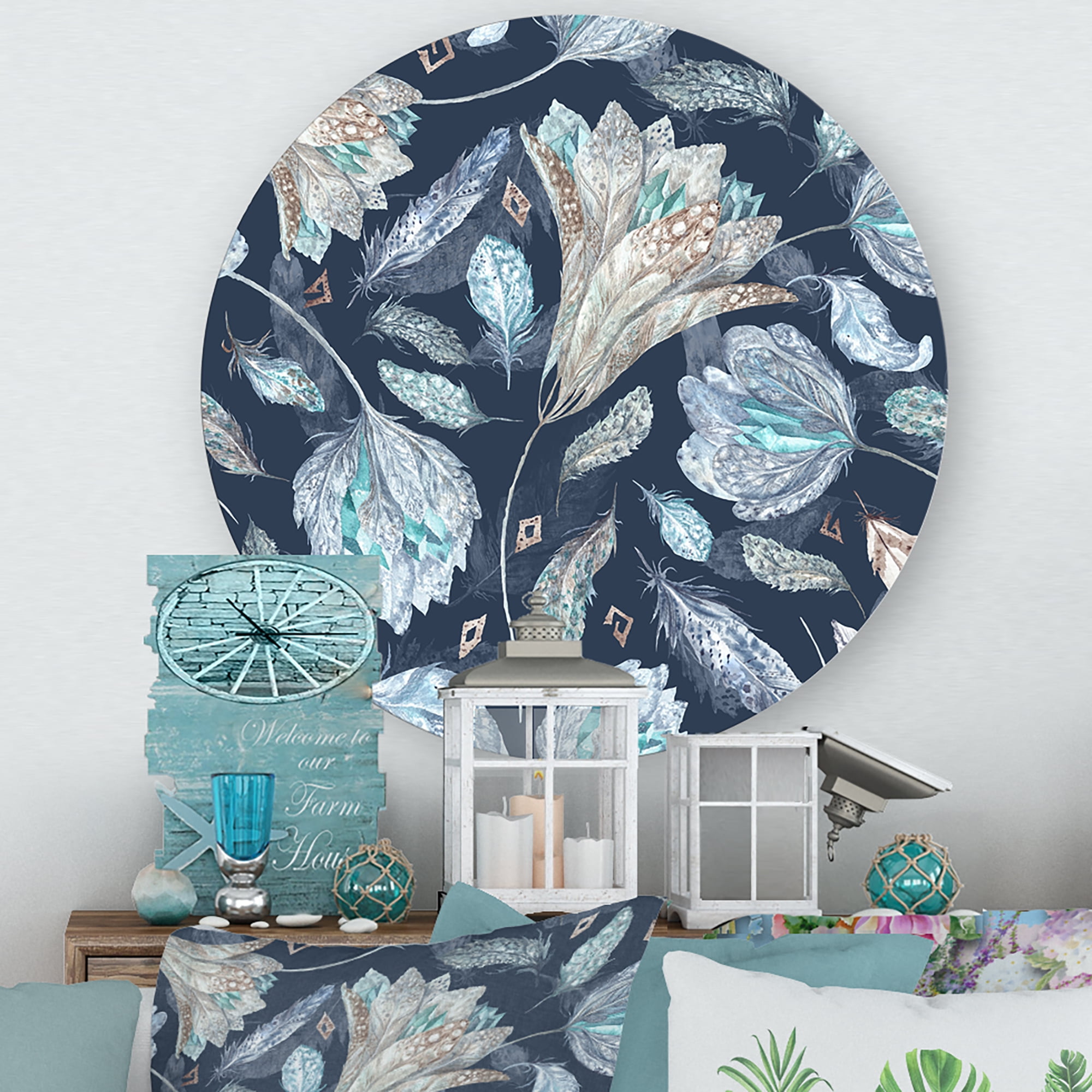 Designart 'Navy Blue Botanical Pattern With Feathers' Traditional Circle Metal Wall Art 11x11 - Disc of 11