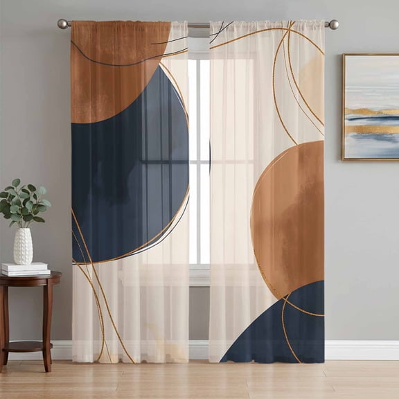 Brown Navy Blue Sheer Curtains 72 Inch Length 2 Panels Set, Modern Abstract Art Geometric Voile Window Treatment Rod Pocket Curtains Sheers Drapes for Bedroom/Living Room/Kitchen 52"x72"x2