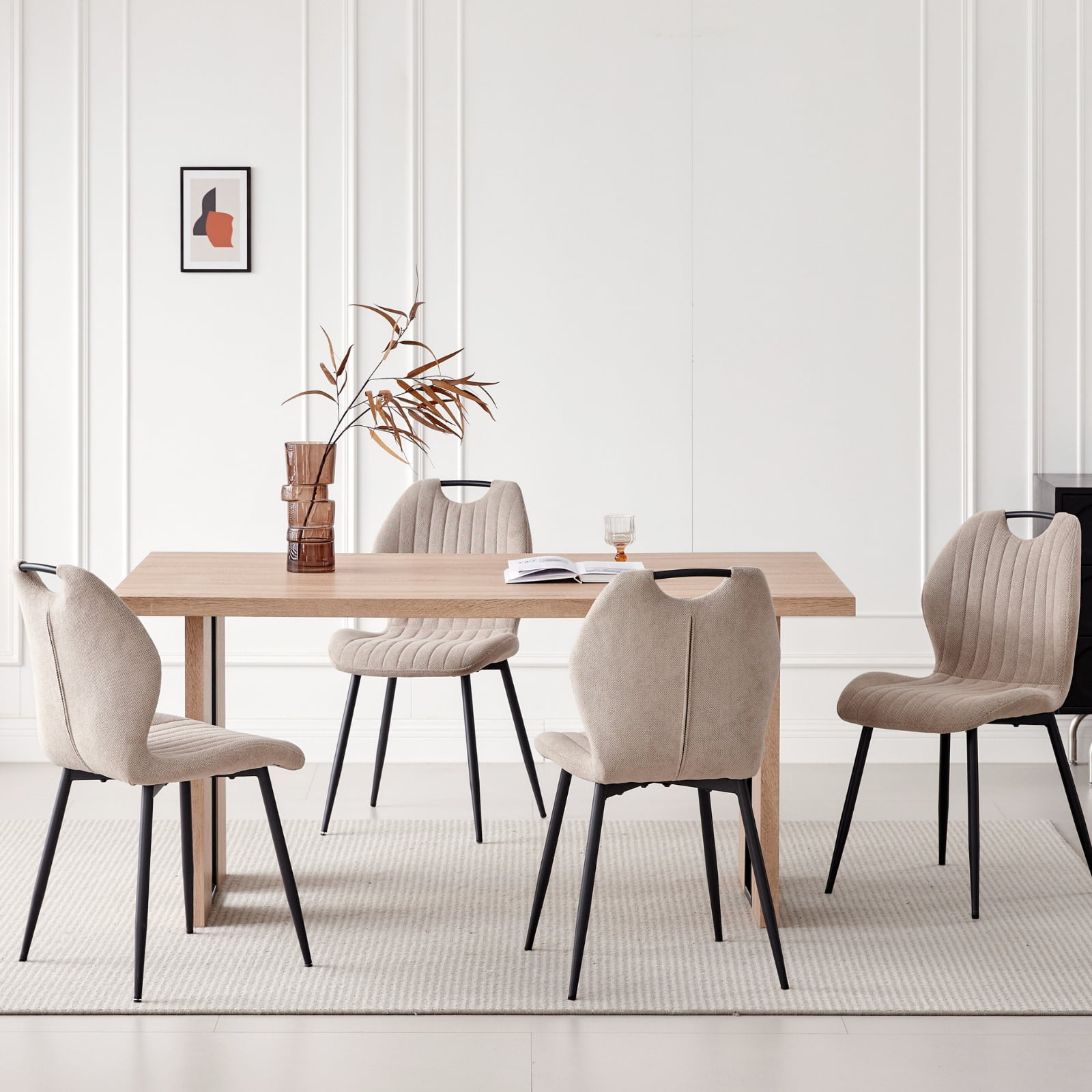 Dining Chairs Set of 4, Modern Upholstered Kitchen Chair for Living Room, Fabric Wingback Side Chairs with Metal Legs, Khaki