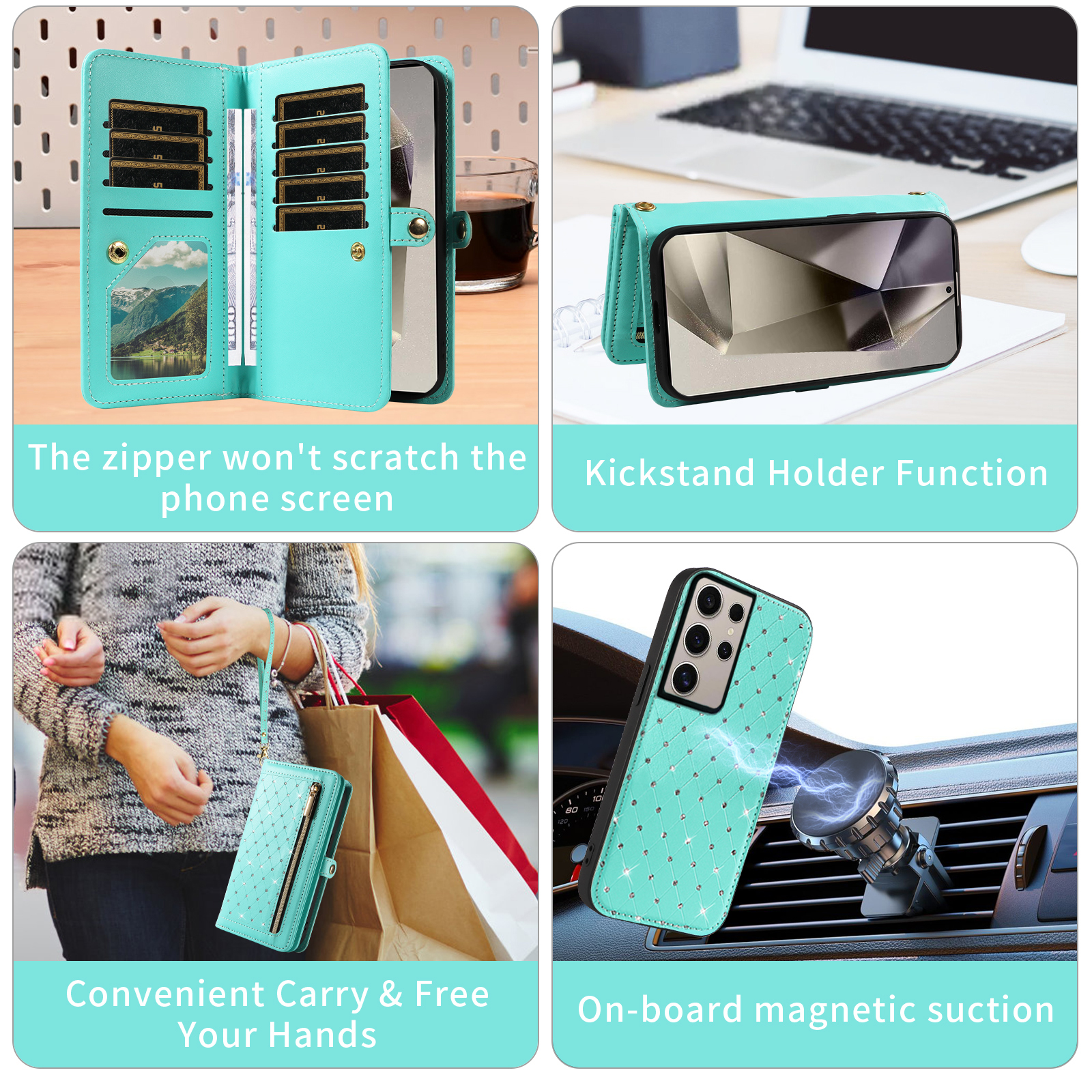 Asuwish Phone Case for Samsung Galaxy S25 Ultra 5G Zipper Wallet Detachable Cell Cover with Tempered Glass Screen Protector Crossbody Lanyard Strap Bling Glitter Flip Card Holder Slot S25Ultra Green