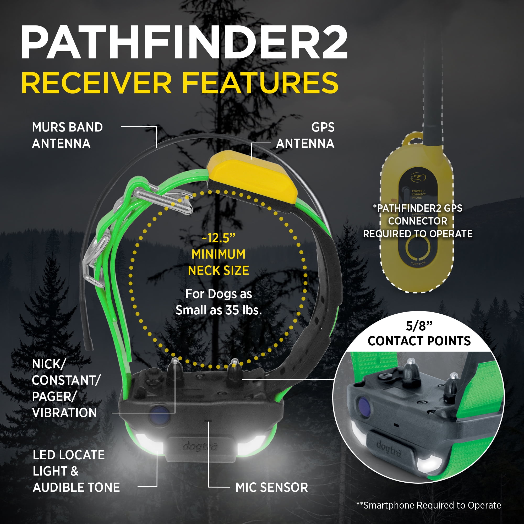 Dogtra Pathfinder 2 Additional Receiver Black Dog GPS Tracker e Collar Green LED Light No Monthly fees Free App Waterproof Smartwatch Control Real Time Tracking Long Range Smartphone Required